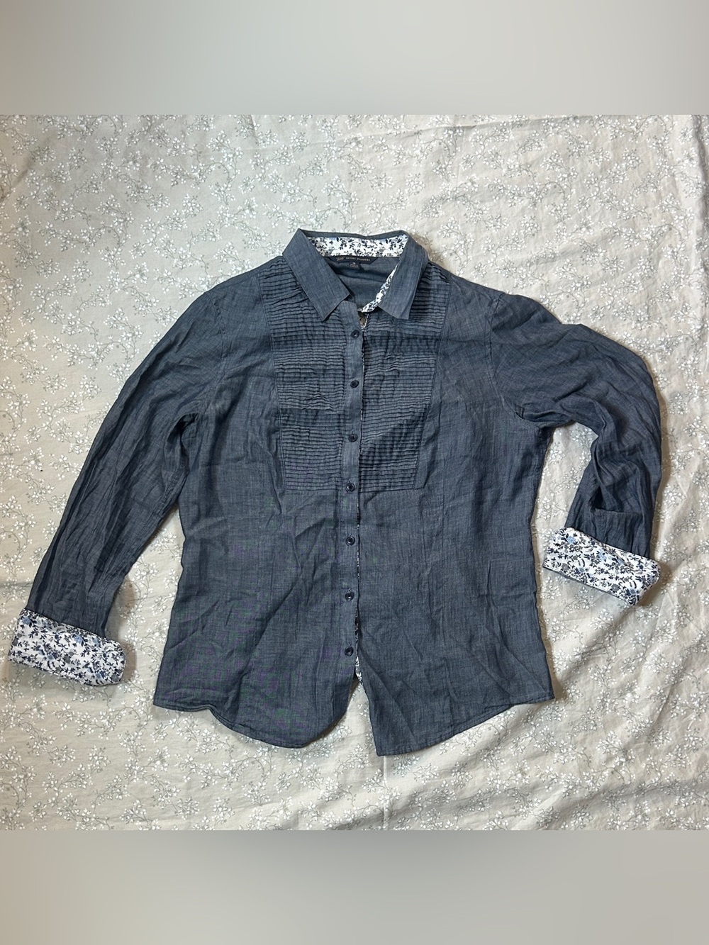 Brooks Brothers 346 Pintuck Chambray Shirt Contrast Floral Cuff Size 14 Blue